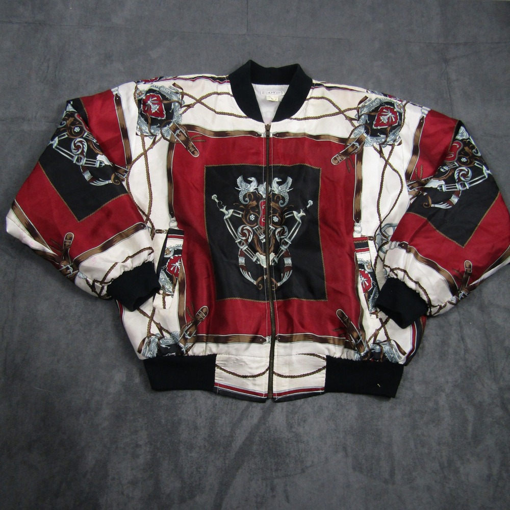 GDT TOO Bomber Jacket Womens XL Red Equestrian Crest Print Vintage Satin Zip Up